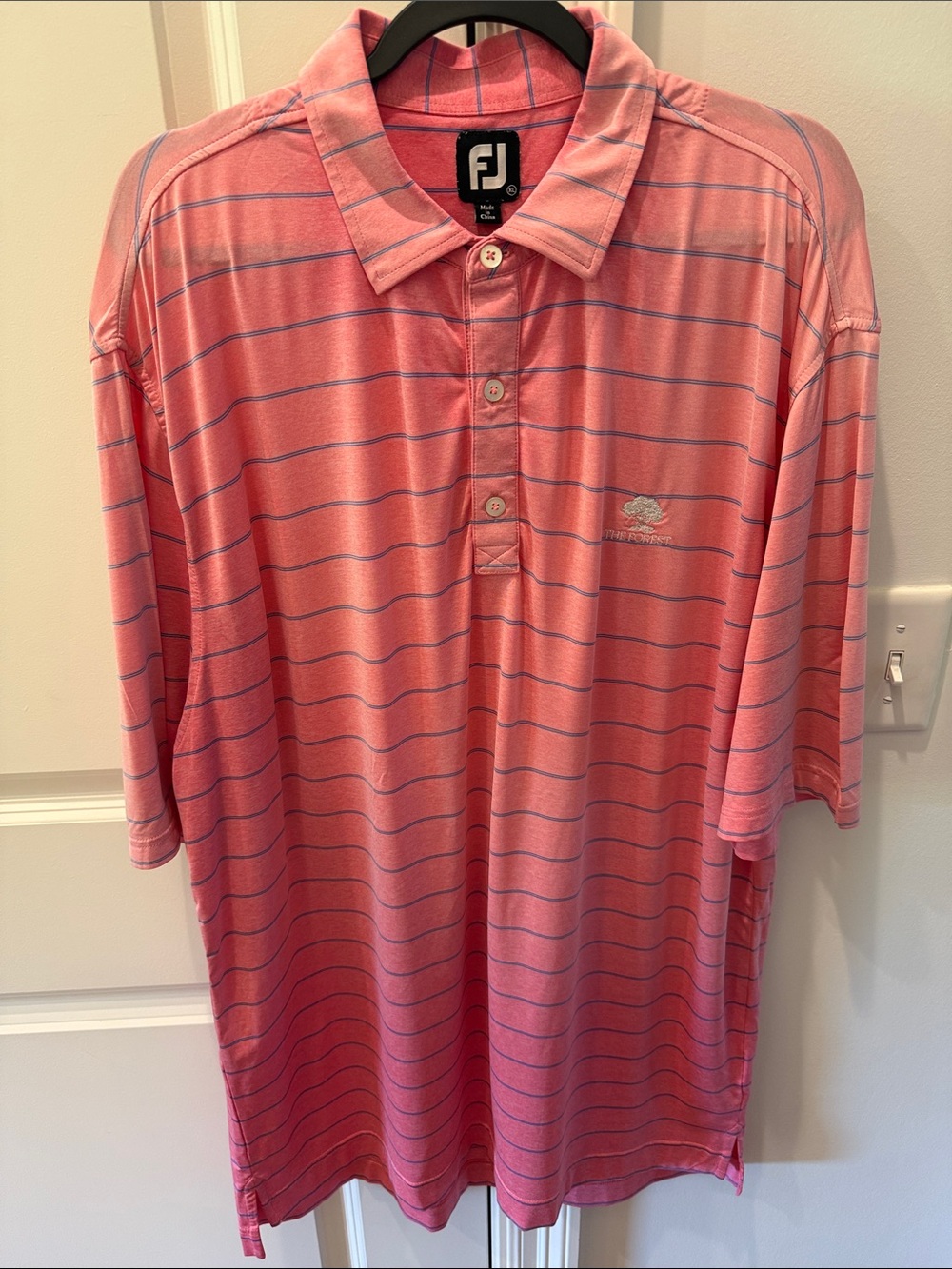 FootJoy Coral Pink Polo with Thin Blue Stripes